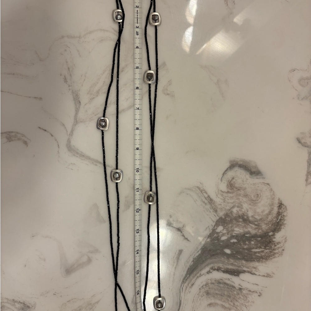 Black Crystal & Freshwater Pearl Long Statement Necklace Silver Accents - Picture 6 of 7